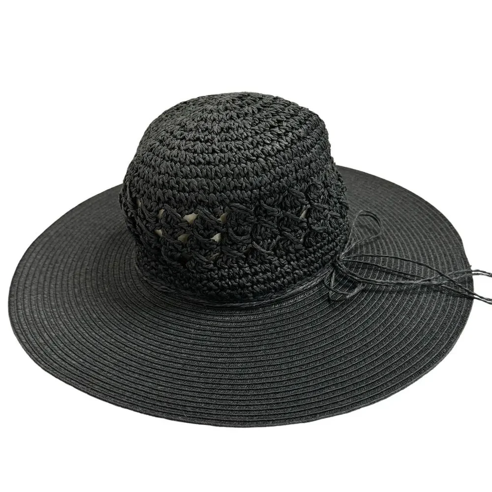 JONES NEW YORK Black Paper Straw Hat One Size Crochet Boho Wide Brim
